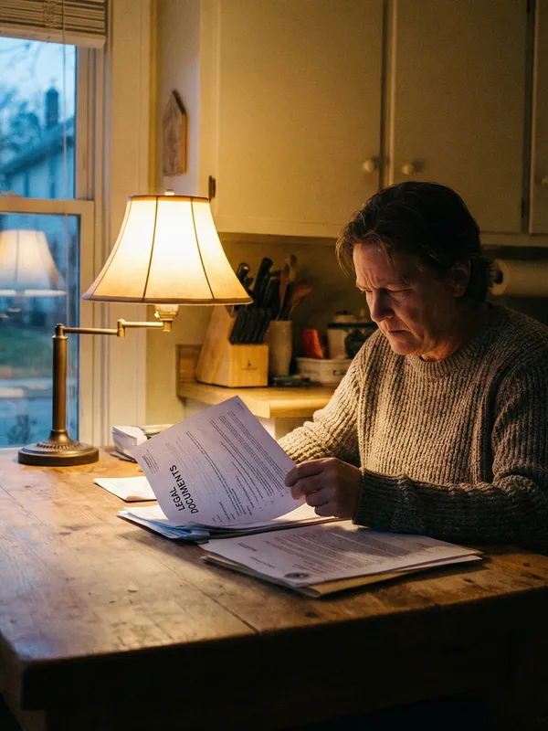 Woman reviewing legal documents at a table